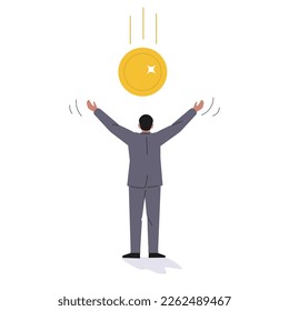 A man in a business suit , catching a golden coin. Isolated vector illustration.