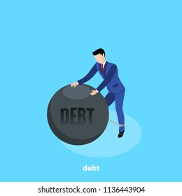 a man in a business suit is chained to a large metal ball with an inscription debt, an isometric image