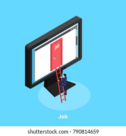 a man in a business suit climbs the stairs to the monitor, working on the Internet, an isometric image