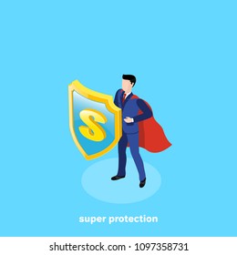 man in business suit and cloak of a superhero with a gold shield, isometric image