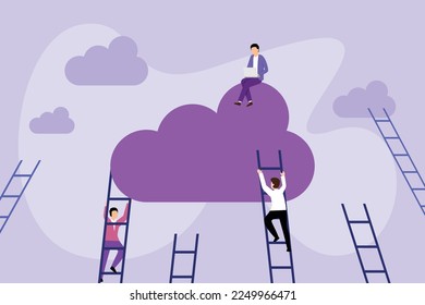 A man in a business suit in a cloud descends a ladder to other people 2d vector illustration concept for banner, website, illustration, landing page, flyer, etc