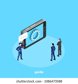 a man in a business suit conducting a lecture on the background of a smartphone, an isometric image
