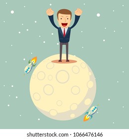 a man in a business suit conquered the moon. Start up business concept. Stock flat vector illustration.