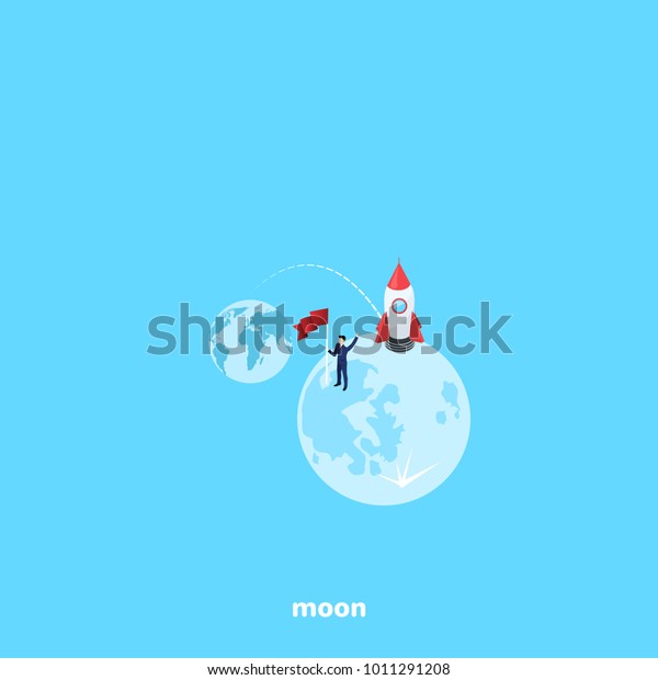 a man in a business suit conquered the moon,\
isometric image