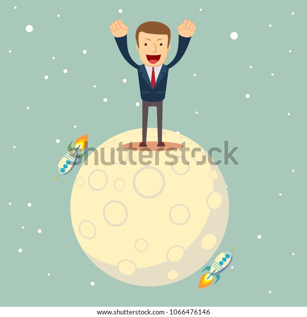 a man in a\
business suit conquered the moon. Start up business concept. Stock\
flat vector illustration.