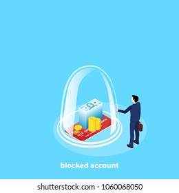 a man in a business suit and a credit card with money under a glass dome, blocked account, an isometric image