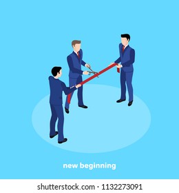 a man in a business suit cuts a red ribbon with scissors, an isometric image