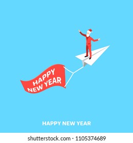 a man in a business suit dressed in Santa Claus flies on a paper airplane with a congratulatory banner hanging from behind, an isometric image