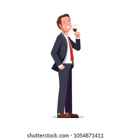 Man in business suit drinking tasting red wine in a glass. Standing business man holding red wine glass. Flat style vector illustration isolated on white background