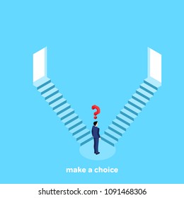a man in a business suit faces a choice of ways, an isometric image