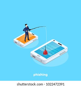 a man in a business suit with a fishing rod in his hand is catching information from someone else's smartphone, an isometric image