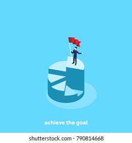 a man in a business suit with a flag in his hand is standing on top of the chart, an isometric image