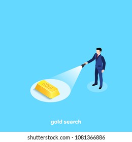 a man in a business suit with a flashlight is shining on an ingot of gold, isometric image