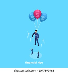 man in business suit flies up on balloons, isometric image