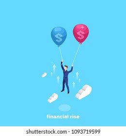 man in business suit flies up on balloons, isometric image