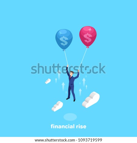 man in business suit flies up on balloons, isometric image