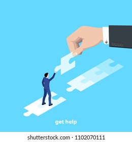 man in business suit gathers road from puzzle pieces, isometric image