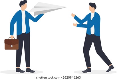 a man in a business suit gives another man a paper plan,

