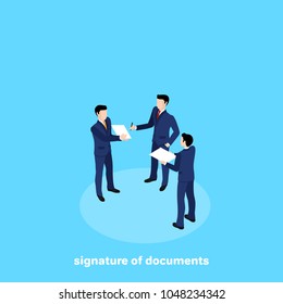 a man in a business suit gives a document for signature, an isometric image
