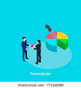 a man in a business suit gives a piece of a financial pie to a colleague, a reward for the work done, an image in an isometric style