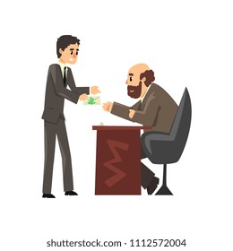 Man in business suit giving bribe money, corruption and bribery concept vector Illustration