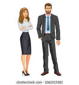 Man in business suit with glasses and beard and elegant blonde girl. Businessman and secretary or assistant. Stock vector, eps 10