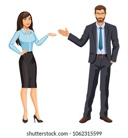 Man in business suit with glasses and beard and elegant brunette girl. Businessman and secretary, standing and gesturing. Stock vector, eps 10