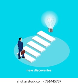 man in a business suit goes to new discoveries, isometric style