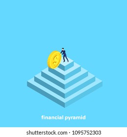 man in a business suit with a gold coin on top of the pyramid, isometric image