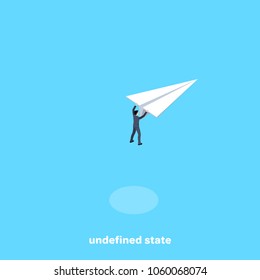 a man in a business suit grabbed a flying paper airplane, an isometric image
