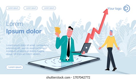 A man in a business suit is half visible from the phone, he is holding a laptop in one hand and coins in the other, a graph is growing up from the laptop. Vector illustration of distance earnings
