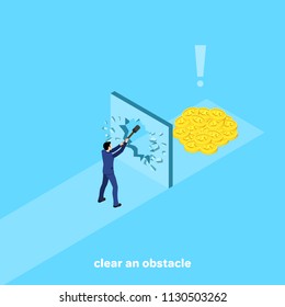 a man in a business suit with a hammer smashes a wall blocking the way to money, an isometric image