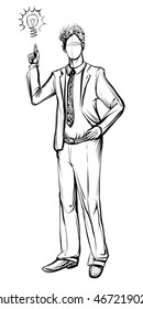 Man in business suit, hand drawn sketch. Idea concept with man and lightbulb.