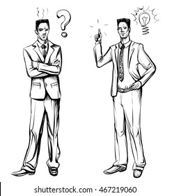Man in business suit, hand drawn sketch. Idea concept with man and lightbulb.