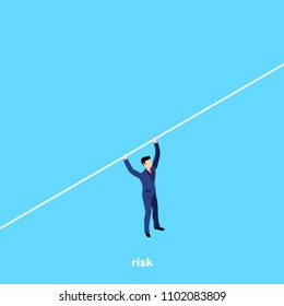 man in business suit hanging on white wire, isometric image