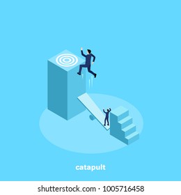 the man in a business suit with the help of a catapult took off to the achieved goal, an isometric image