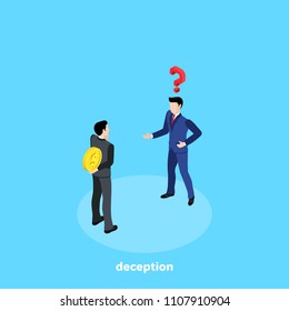 a man in a business suit hides money from another man, isometric image