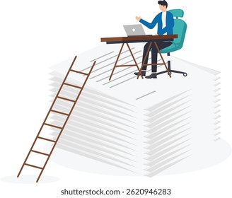a man in a business suit at his desk was flying on a torn sheet of paper

