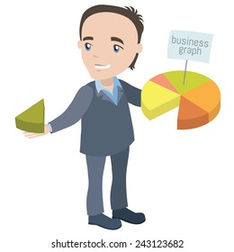 man in  business suit holding chart and gives someone a piece - businessman cartoon character series of drawings