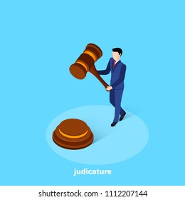 a man in a business suit is holding a judge's hammer, an isometric image