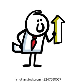 A man in a business suit holds an arrow in his hand and shows the upward direction of the company's growth. Positive vector illustration for the office.