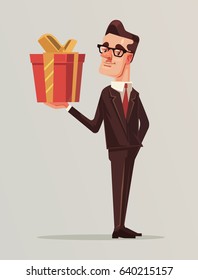 Man in business suit holds big gift box. Vector flat cartoon illustration