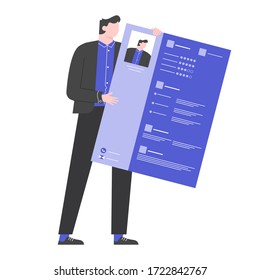 Man in a business suit holds a CV in his hands. Job search, unemployment and recruiting. Vector flat illustration.