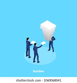 a man in a business suit holds a large stack of paper in his hands, an isometric image