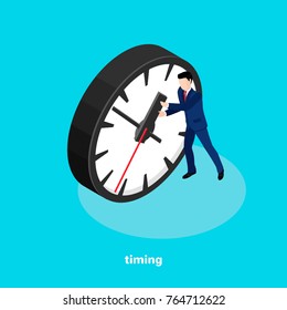 a man in a business suit holds a large clock hand, an image in an isometric style on the subject of timing