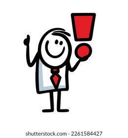 A man in a business suit holds a red exclamation mark to attract attention and talks about important information. Vector illustration of stick figure finger pointing rising up hand.