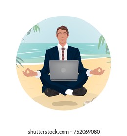 Man in business suit hovering in air, in lotus pose, on beach, by sea. Concentration on work concept. Front face view. Simplistic realistic comic art style. Vector illustration