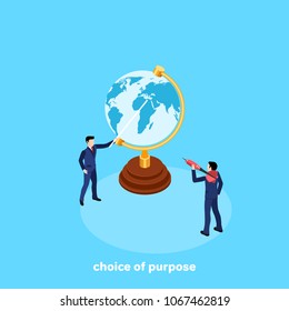 a man in a business suit indicates a target on a globe for a man with a dart, an isometric image
