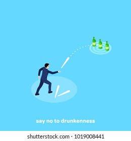 a man in a business suit intends to knock down bottles with a stick, isometric image