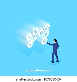 a man in a business suit interacts with a touch application, an isometric image